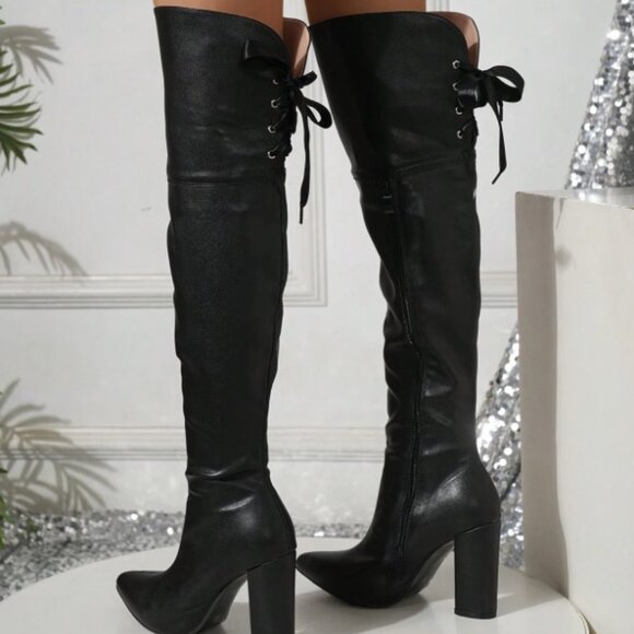 Women's Black Chunky Heel Over-the-knee Boots - Picture 5 of 7
